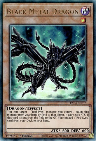 A Prismatic Ultimate Rare "Black Metal Dragon" card from the Yugioh Set: Quarter Century Stampede (RA04).