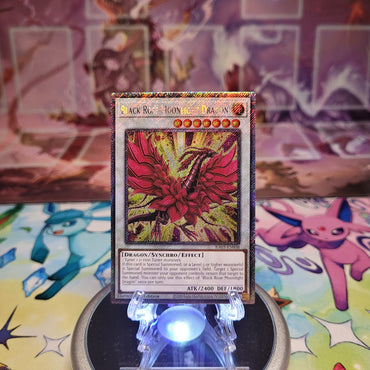A Platinum Secret Rare "Black Rose Moonlight Dragon" card from the Yugioh Set: Quarter Century Bonanza (RA03).