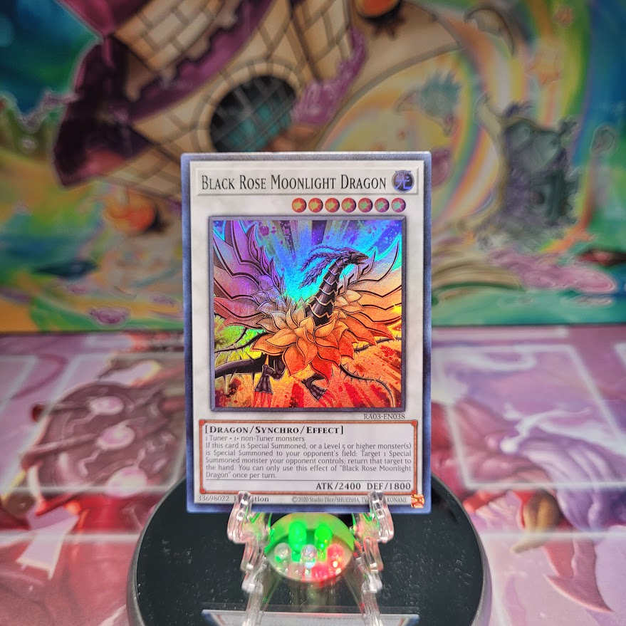 A Super Rare "Black Rose Moonlight Dragon" card from the Yugioh Set: Quarter Century Bonanza (RA03).