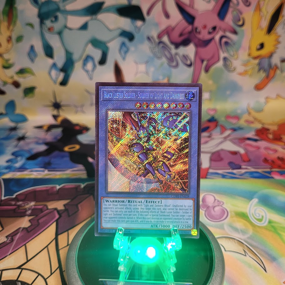 A Secret Rare "Black Luster Soldier - Soldier of Light and Darkness" from the Yugioh Set: Chaos Origins (CORI).