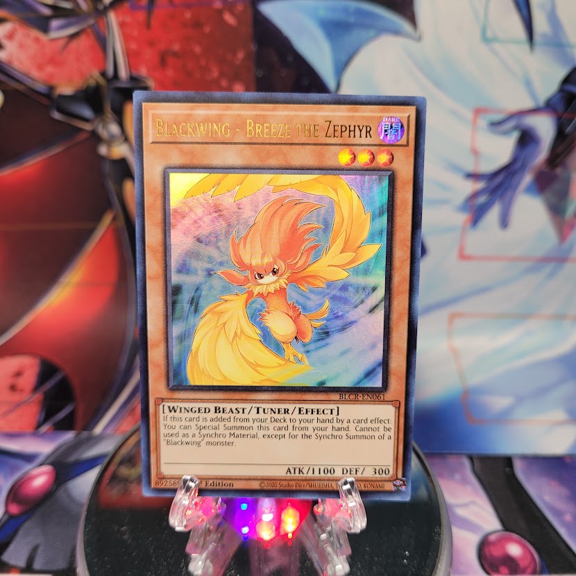 An Ultra Rare "Blackwing - Breeze the Zephyr" card from the Yugioh Set: Battles of Legend: Crystal Revenge.