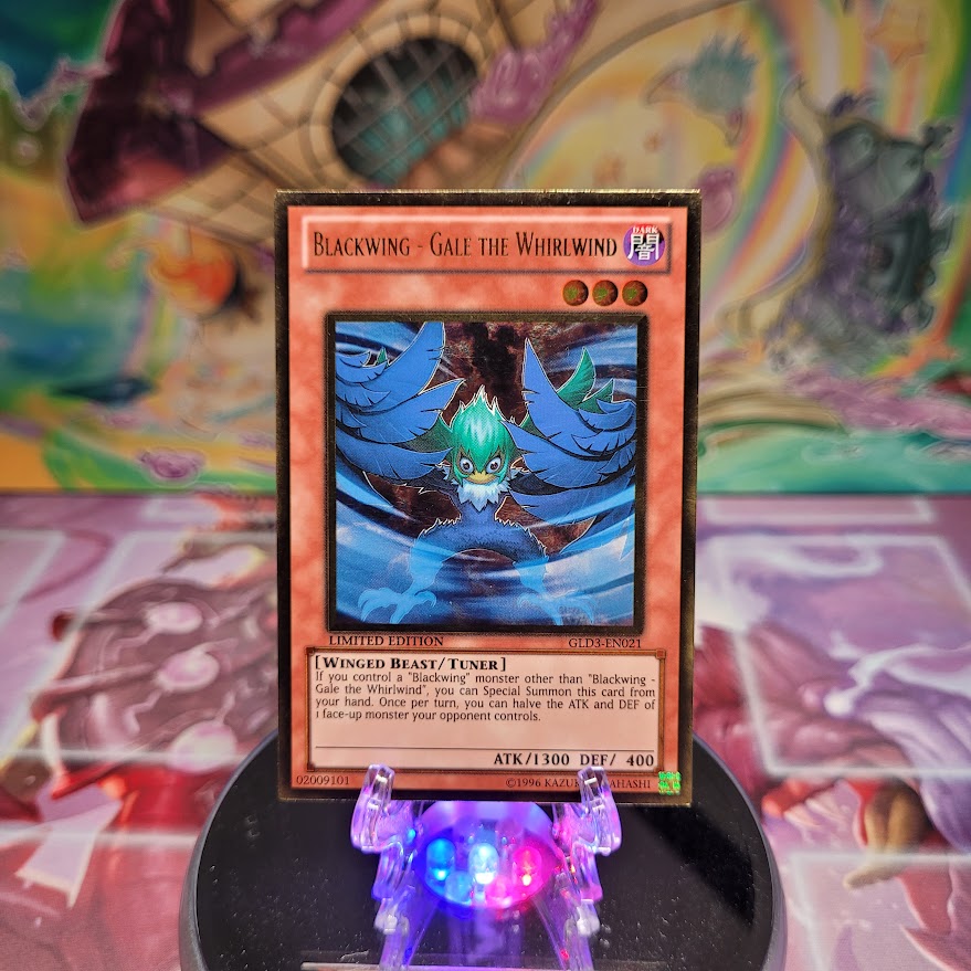 A Gold Rare "Blackwing - Gale the Whirlwind" card from the Yugioh Set: Gold Series 3.