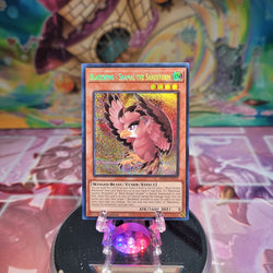 A Prismatic Secret Rare "Blackwing - Shamal the Sandstorm" card from the Yugioh Dueling Heroes Mega-Tin Mega Pack.