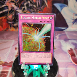 A Secret Rare "Blazing Mirror Force" card from the Yugioh Set: Dimension of Chaos (DOCS).