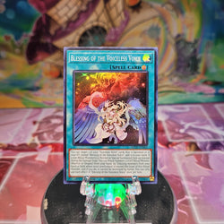 A Super Rare "Blessings of the Voiceless Voice" card from the Yugioh Set: Legacy of Destruction.