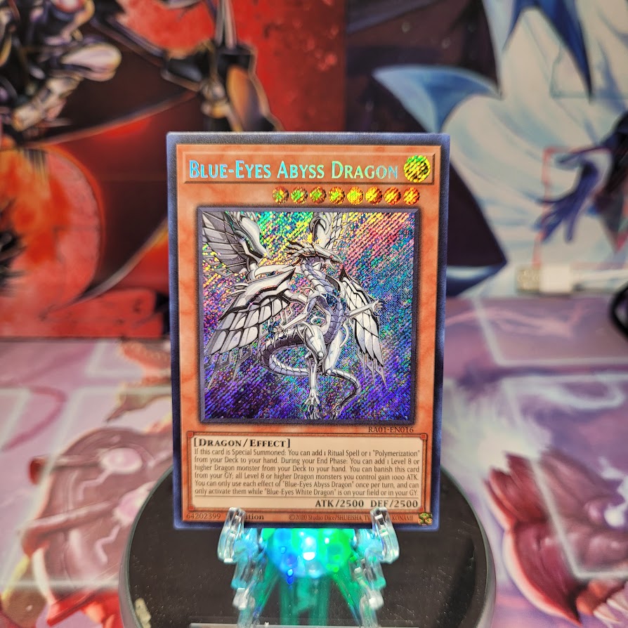 A Secret Rare "Blue-Eyes Abyss Dragon" card from the Yugioh Set: Rarity Collection 1  (RA01).