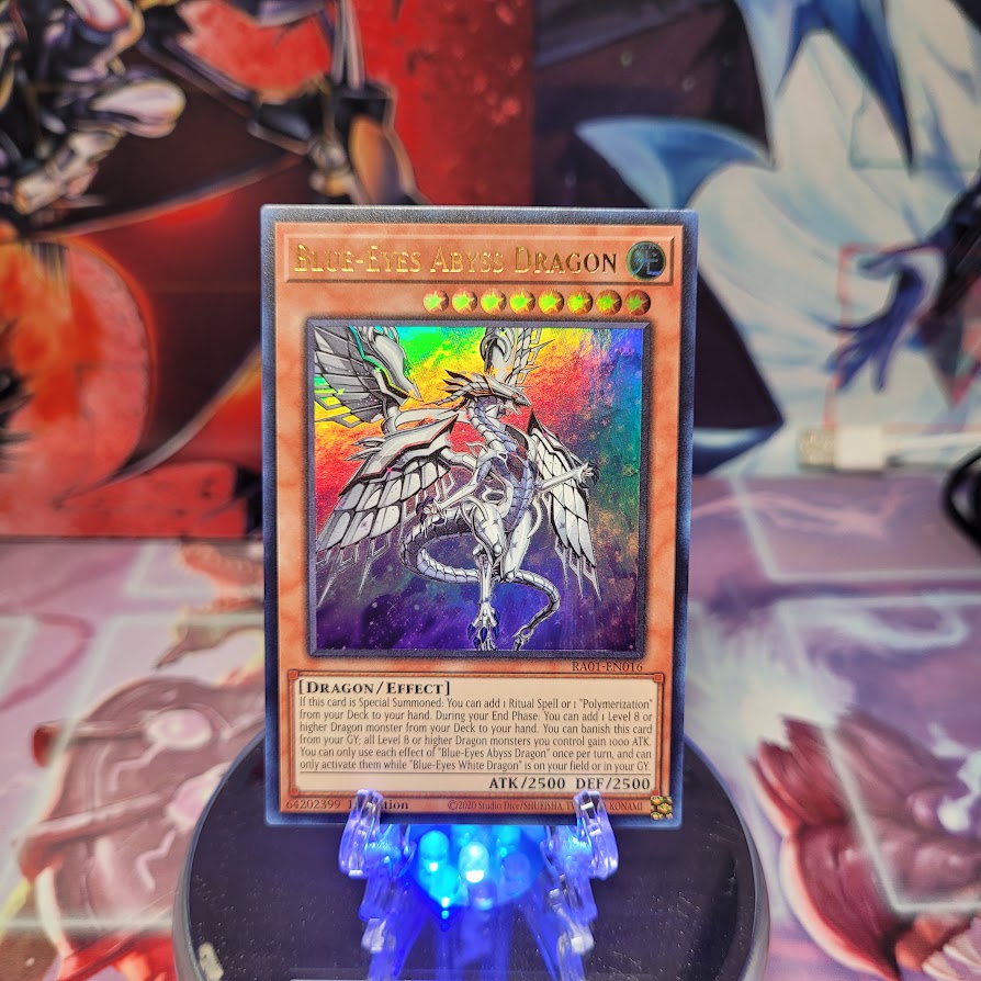 An Ultra Rare "Blue-Eyes Abyss Dragon" card from the Yugioh Set: Rarity Collection 1 (RA01).