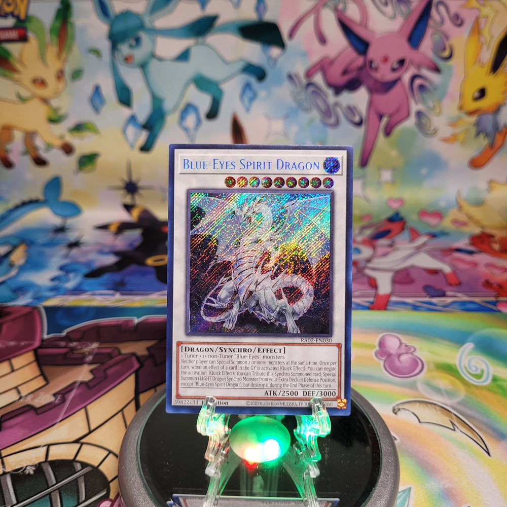A Secret Rare "Blue-Eyes Spirit Dragon" card from the Yugioh Set: Rarity Collection 2 (RA02).