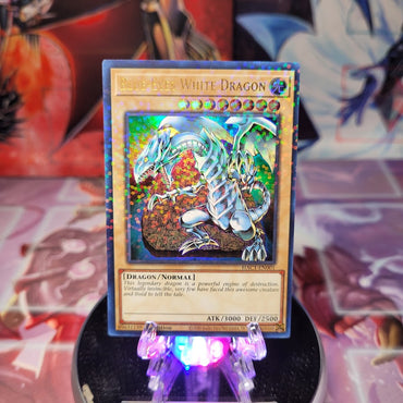 An Ultra Parallel Rare "Blue-Eyes White Dragon" card from the Yugioh Set: Hidden Arsenal: Chapter 1 (HAC1).