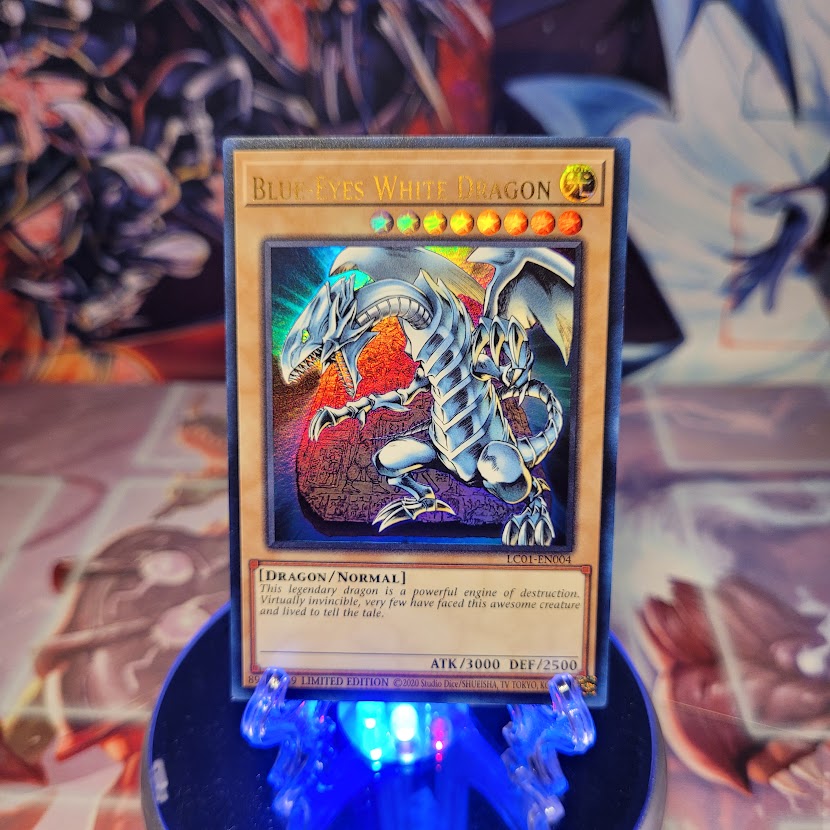 An Ultra Rare "Blue-Eyes White Dragon" card from the Yugioh Set: Legendary Collection 1.