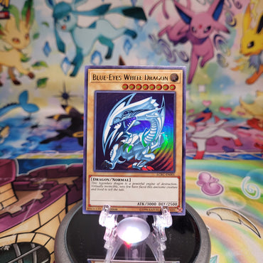 An Ultra Rare "Blue-Eyes White Dragon" card from the Yugioh Set: Legendary Collection: Kaiba (LCKC).