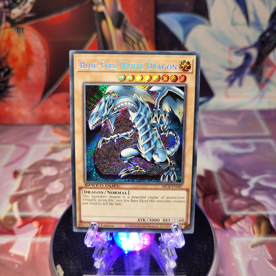 A Secret Rare "Blue-Eyes White Dragon" card from the Yugioh Set: Speed Duel: Battle City Box.