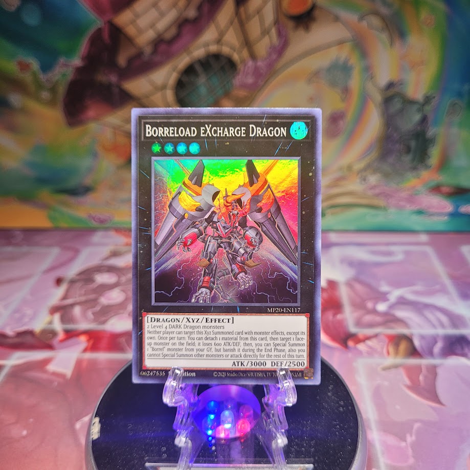 A Super Rare "Borreload eXcharge Dragon" card from the Yugioh 2020 Tin of Lost Memories Set.