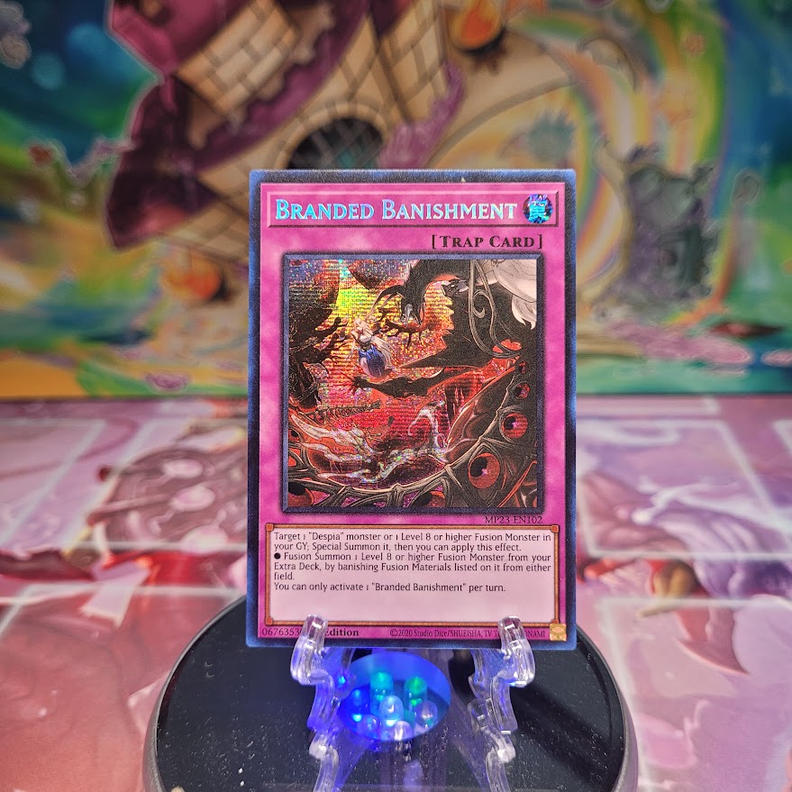 A Prismatic Secret Rare "Branded Banishment" card from the Yugioh Set: 25th Anniversary Tin: Dueling Heroes Mega-Tin Mega Pack. 