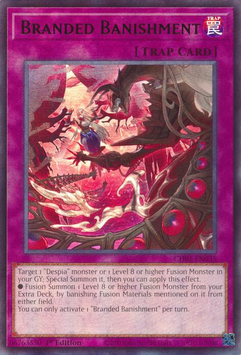 An Ultra Rare "Branded Banishment" card from the Yugioh Structure Deck: The Fallen & The Virtuous (CH01).