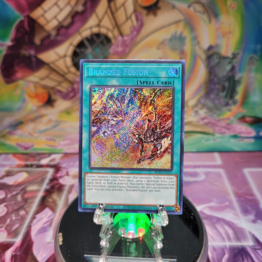 A Secret Rare "Branded Fusion" card from the Yugioh Set: Battles of Legend: Terminal Revenge.