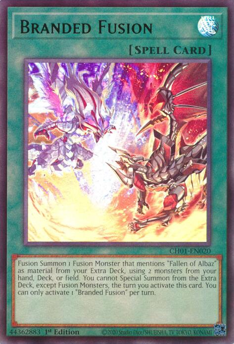 An Ultra Rare "Branded Fusion" card from the Yugioh Structure Deck: The Fallen & The Virtuous (CH01).