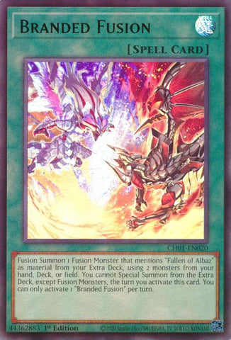 An Ultra Rare "Branded Fusion" card from the Yugioh Structure Deck: The Fallen & The Virtuous (CH01).