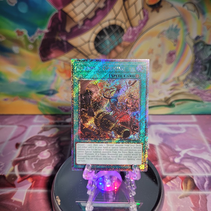 A Platinum Secret Rare "Branded Opening" card from the Yugioh Set: Quarter Century Bonanza (RA03).