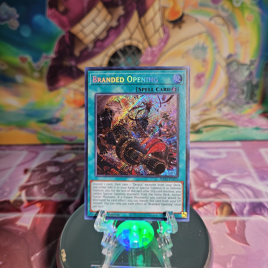  A Secret Rare "Branded Opening" card from the Yugioh Set: Quarter Century Bonanza (RA03).