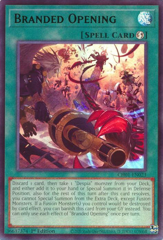 An Ultra Rare "Branded Opening" card from the Yugioh Structure Deck: The Fallen & The Virtuous (CH01).