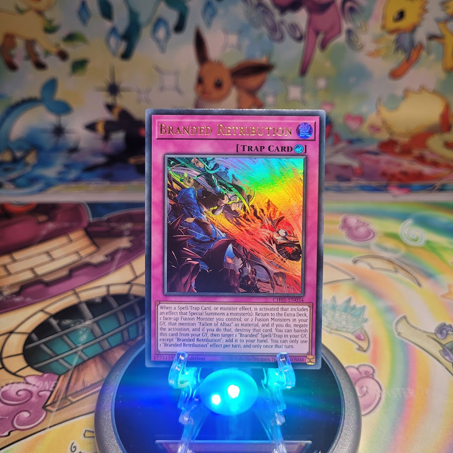 An Ultra Rare "Branded Retribution" card from the Yugioh Structure Deck: The Fallen & The Virtuous (CH01).