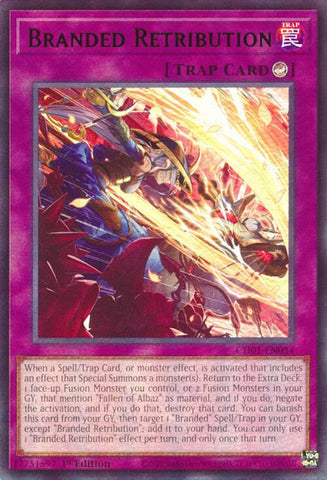 An Ultra Rare "Branded Retribution" card from the Yugioh Structure Deck: The Fallen & The Virtuous (CH01).