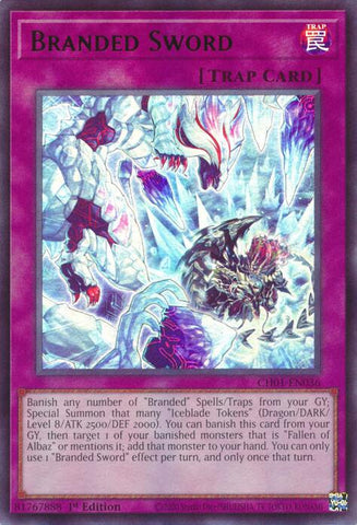 An Ultra Rare "Branded Sword" card from the Yugioh Structure Deck: The Fallen & The Virtuous (CH01).