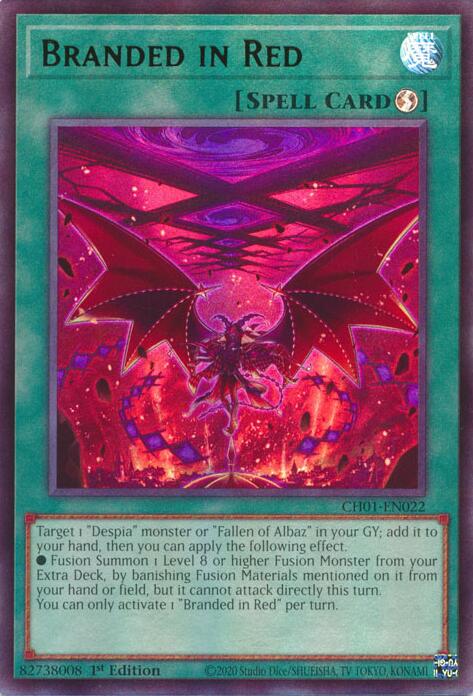 An Ultra Rare "Branded in Red" card from the Yugioh Structure Deck: The Fallen & The Virtuous (CH01).