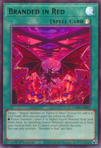 An Ultra Rare "Branded in Red" card from the Yugioh Structure Deck: The Fallen & The Virtuous (CH01).