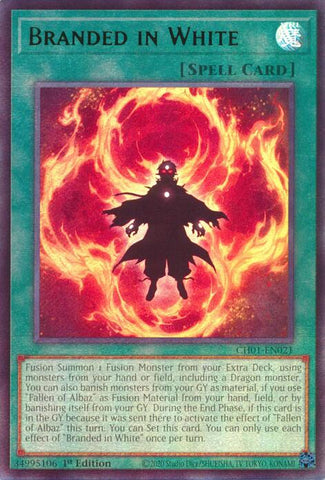 An Ultra Rare "Branded in White" card from the Yugioh Structure Deck: The Fallen & The Virtuous (CH01).
