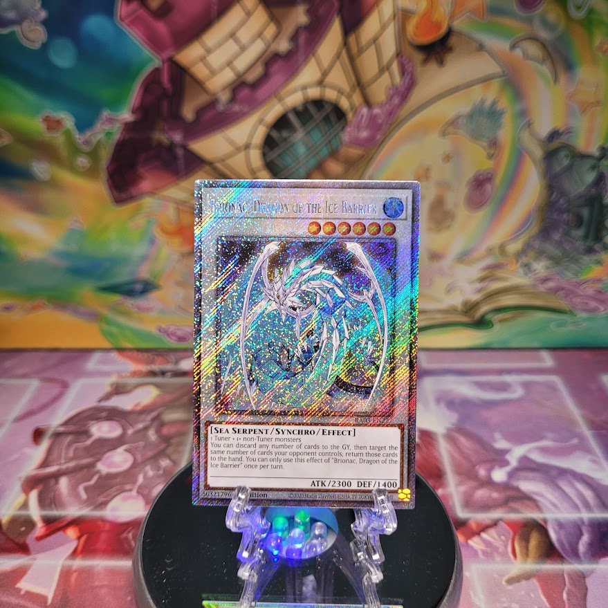 A Platinum Secret Rare "Brionac, Dragon of the Ice Barrier" card from the Yugioh Set: Quarter Century Bonanza (RA03)