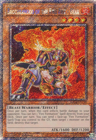 A Platinum Secret Rare "Brotherhood of the Fire Fist - Bear" card from the Yugioh Set: Quarter Century Stampede (RA04).