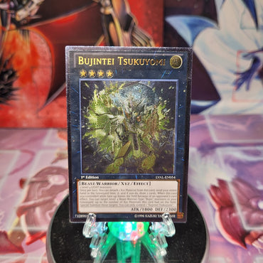 An Ultimate Rare "Bujintei Tsukuyomi" card from the Yugioh Set: Legacy of the Valiant.