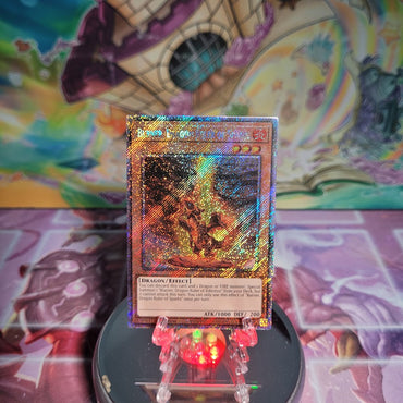 A Platinum Secret Rare "Burner, Dragon Ruler of Sparks" card from the Yugioh Set: Quarter Century Bonanza (RA03).