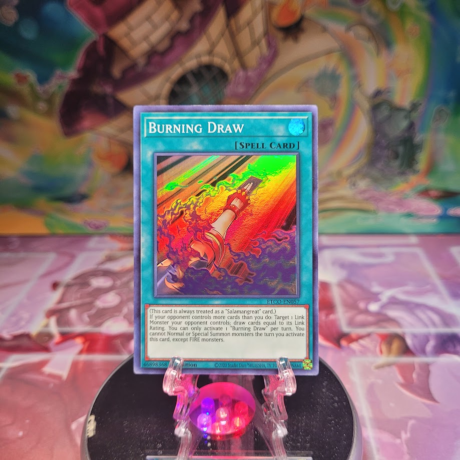 A Super Rare "Burning Draw" card from the Yugioh Set: Eternity Code.