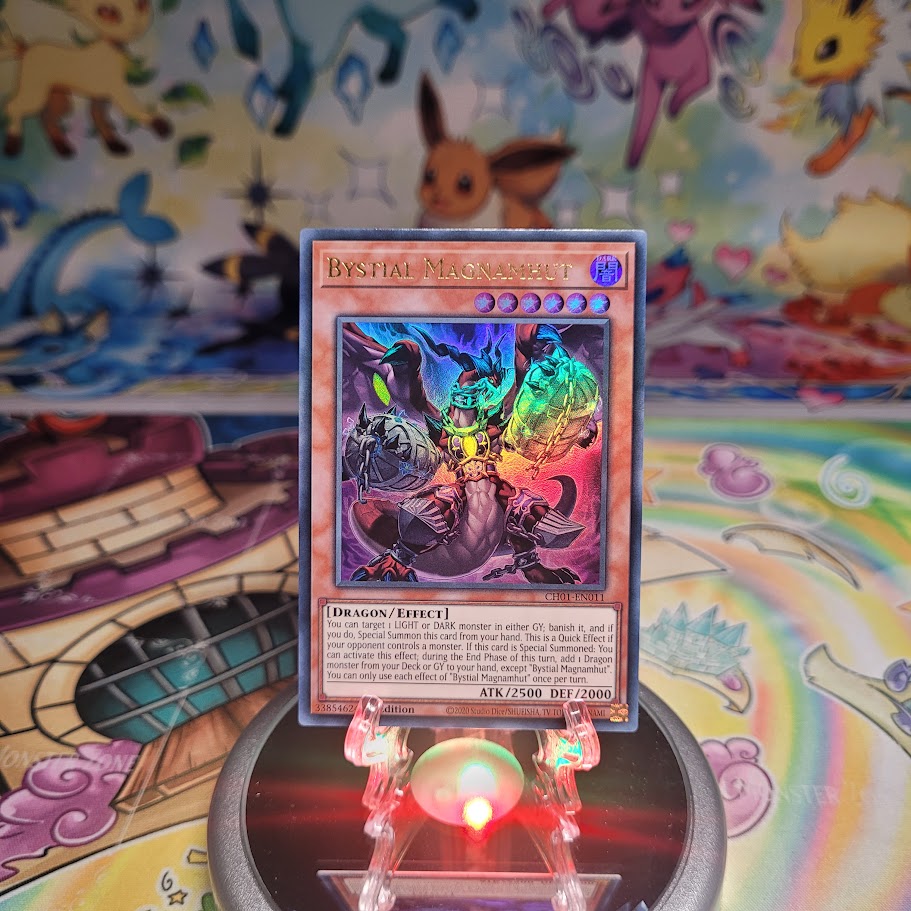 An Ultra Rare "Bystial Magnamhut" card from the Yugioh Structure Deck: The Fallen & The Virtuous (CH01).