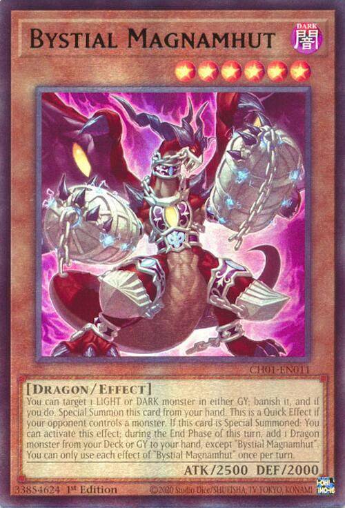 An Ultra Rare "Bystial Magnamhut" card from the Yugioh Structure Deck: The Fallen & The Virtuous (CH01).