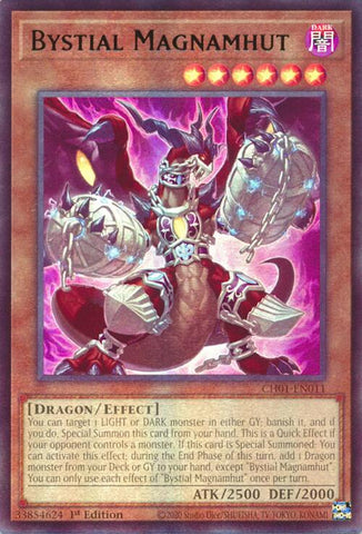 An Ultra Rare "Bystial Magnamhut" card from the Yugioh Structure Deck: The Fallen & The Virtuous (CH01).