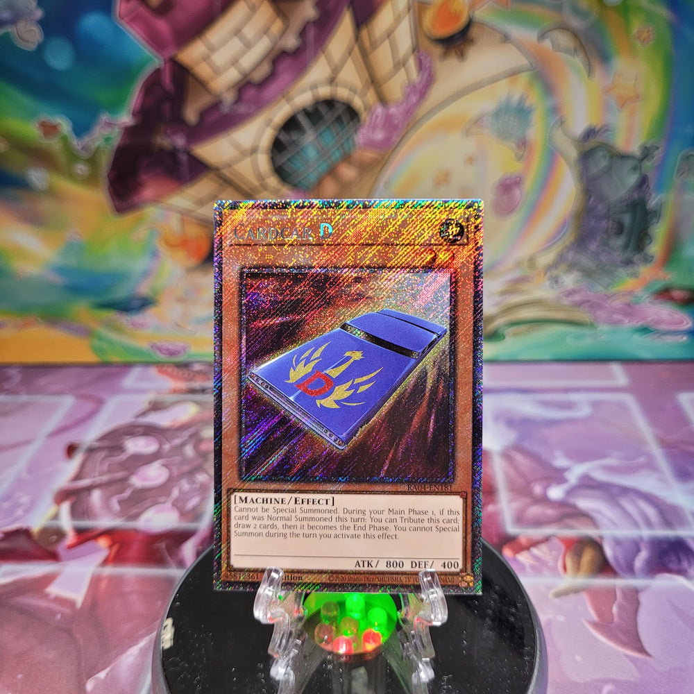 A Platinum Secret Rare "Cardcar D" card from the Yugioh Set: Quarter Century Stampede (RA04).