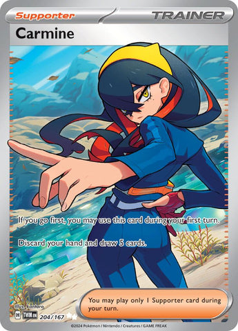 An Ultra Rare "Carmine" (204/167) card from the Pokemon set: Twilight Masquerade. 