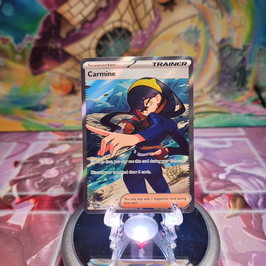 An Ultra Rare Full Art "Carmine" (204/167) card from the Pokemon Set: Scarlet & Violet: Twilight Masquerade (TWM).