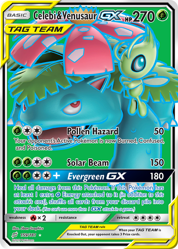 An Ultra Rare Full Art "Celebi & Venusaur Gx" (159/181) card from the Pokemon Set: Sun and Moon: Team Up.