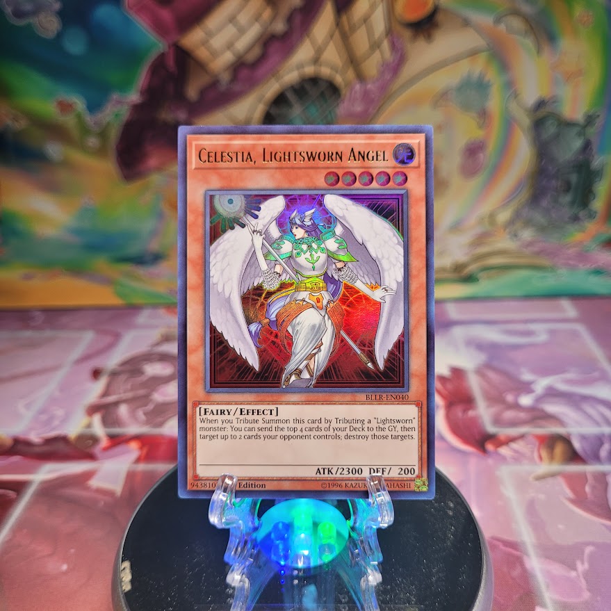 A 1st edition Ultra Rare "Celestia, Lightsworn Angel" card from the Yugioh Set: Battles of Legend: Lights Revenge.