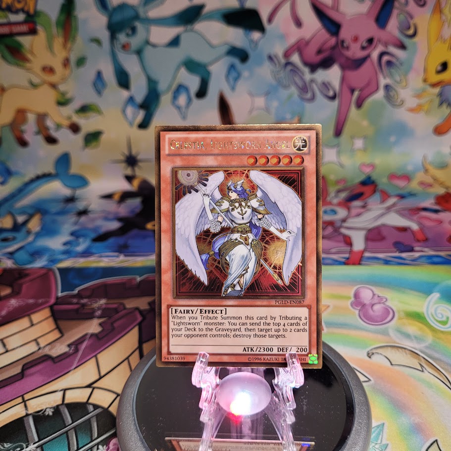 A Gold Rare "Celestia, Lightsworn Angel" card from the Yugioh Set: Premium Gold (PGLD).