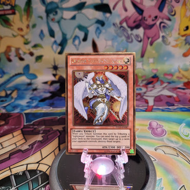 A Gold Rare "Celestia, Lightsworn Angel" card from the Yugioh Set: Premium Gold (PGLD).