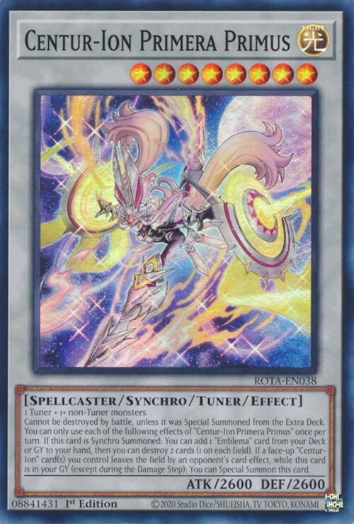 A Super Rare "Centur-Ion Primera Primus" card from the Yugioh Set: Rage of the Abyss (ROTA).