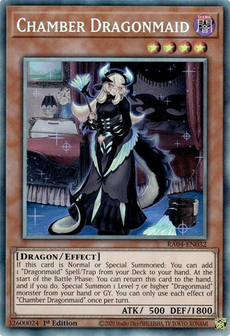 A Prismatic Collector's Rare "Chamber Dragonmaid" card from the Yugioh Set: Quarter Century Stampede (RA04).