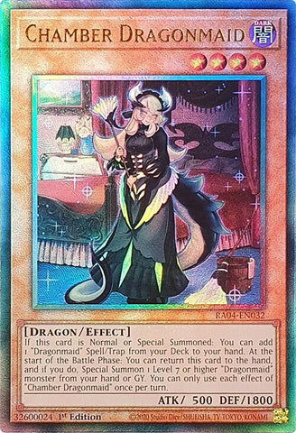 A Prismatic Ultimate Rare "Chamber Dragonmaid" card from the Yugioh Set: Quarter Century Stampede (RA04).
