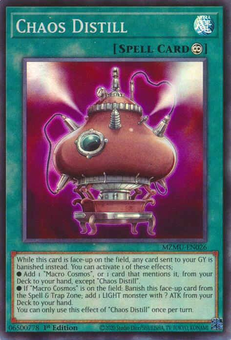 A Super Rare "Chaos Distill" card from the Yugioh Set: Maze of Muertos (MZMU).